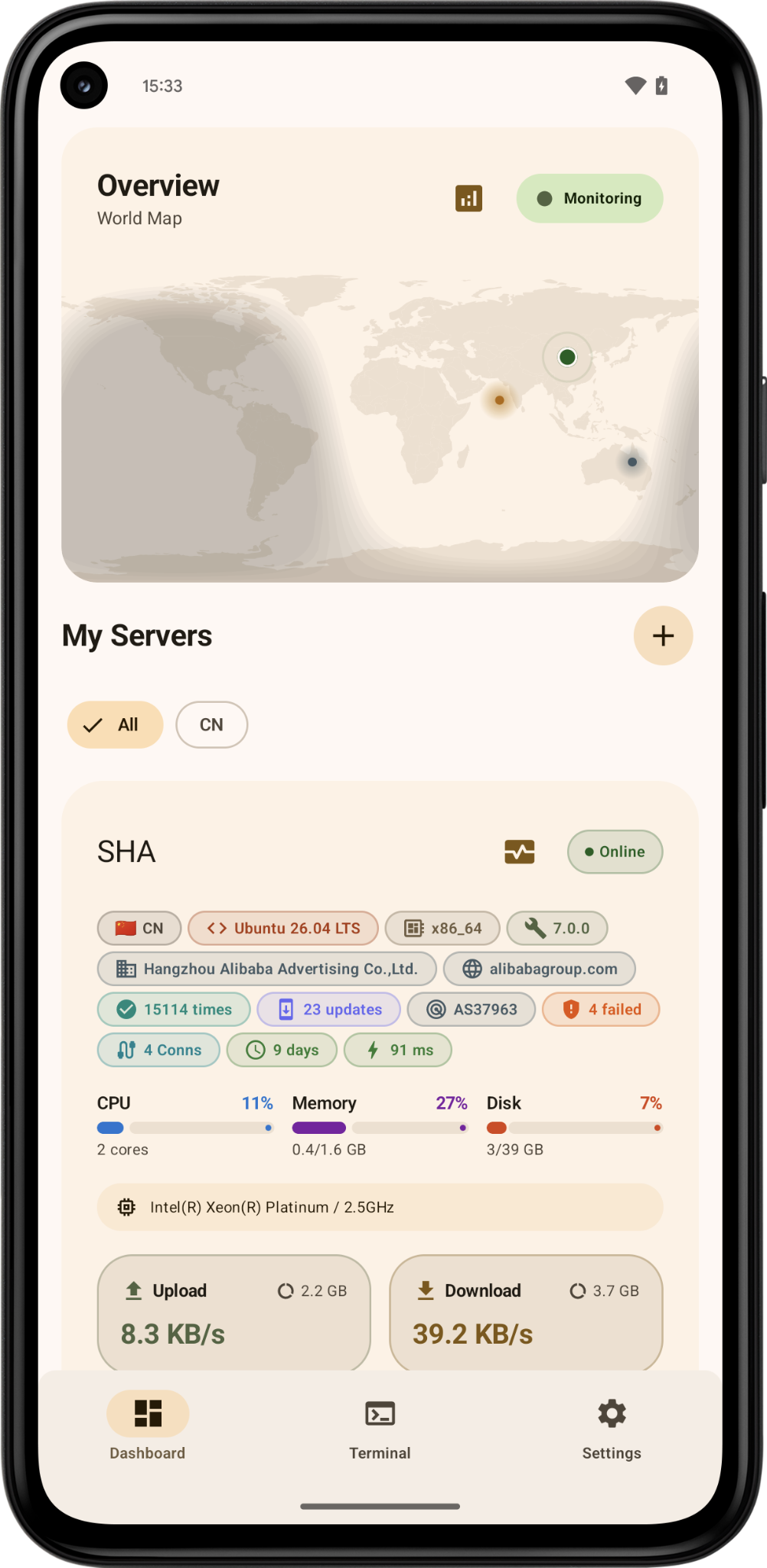 Meows overview with a world map and a server card
